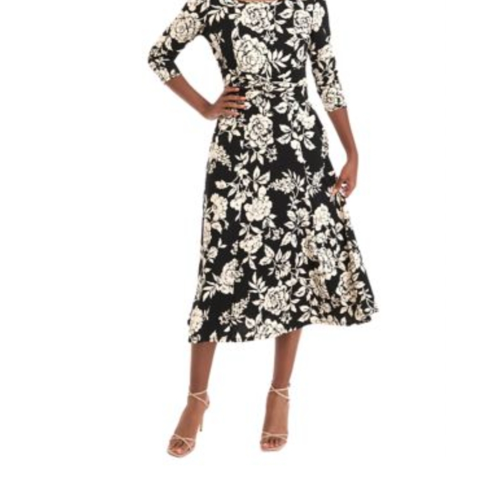 Perceptions Elegant Black and Cream Floral Midi Dress
